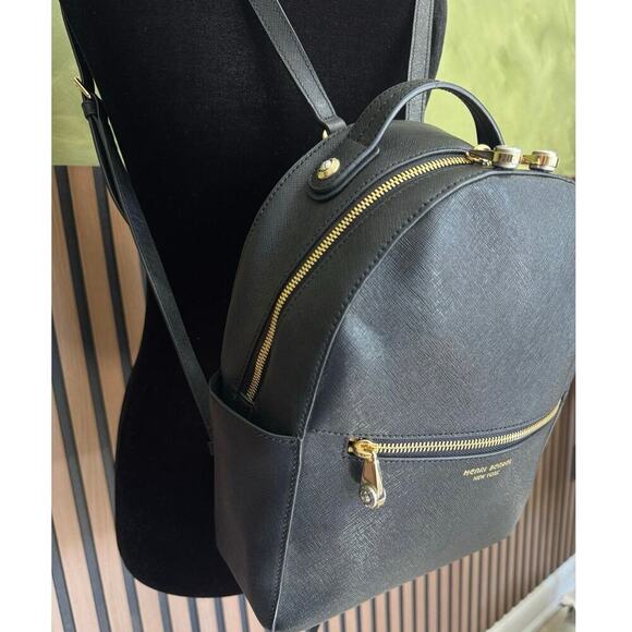 Henri Bendel West 57th Backpack Leather Round Bag Adjustable Straps Black Gold - Picture 3 of 7